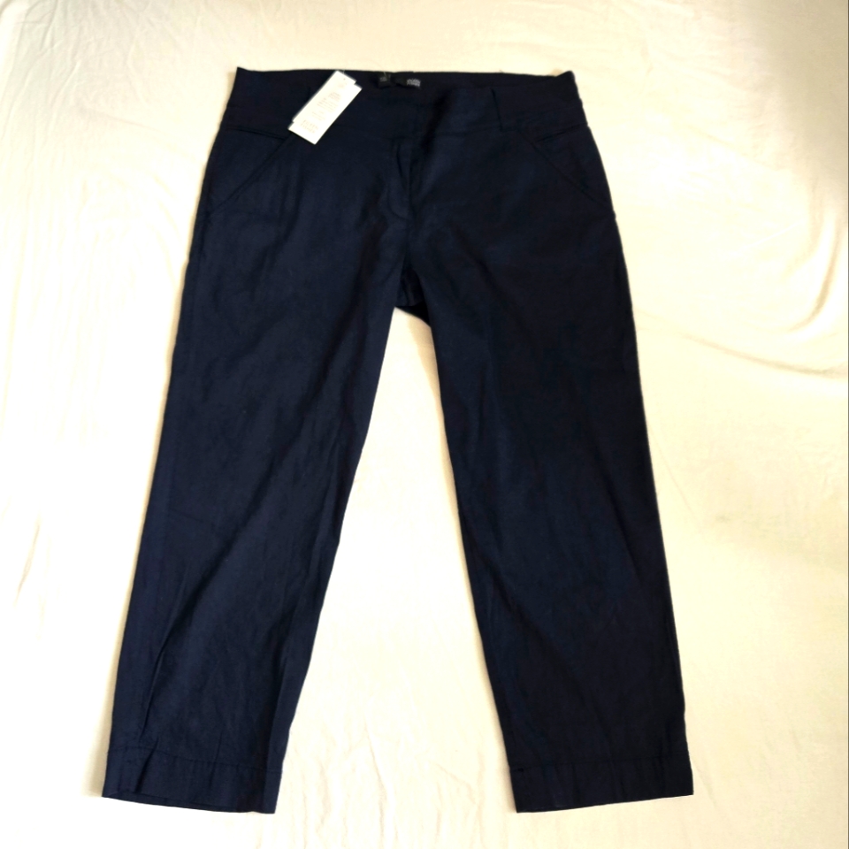 Eileen Fisher Nwt Slim Cropped Pant S1vx-P2125m Linen Blend Navy Blue Size 16